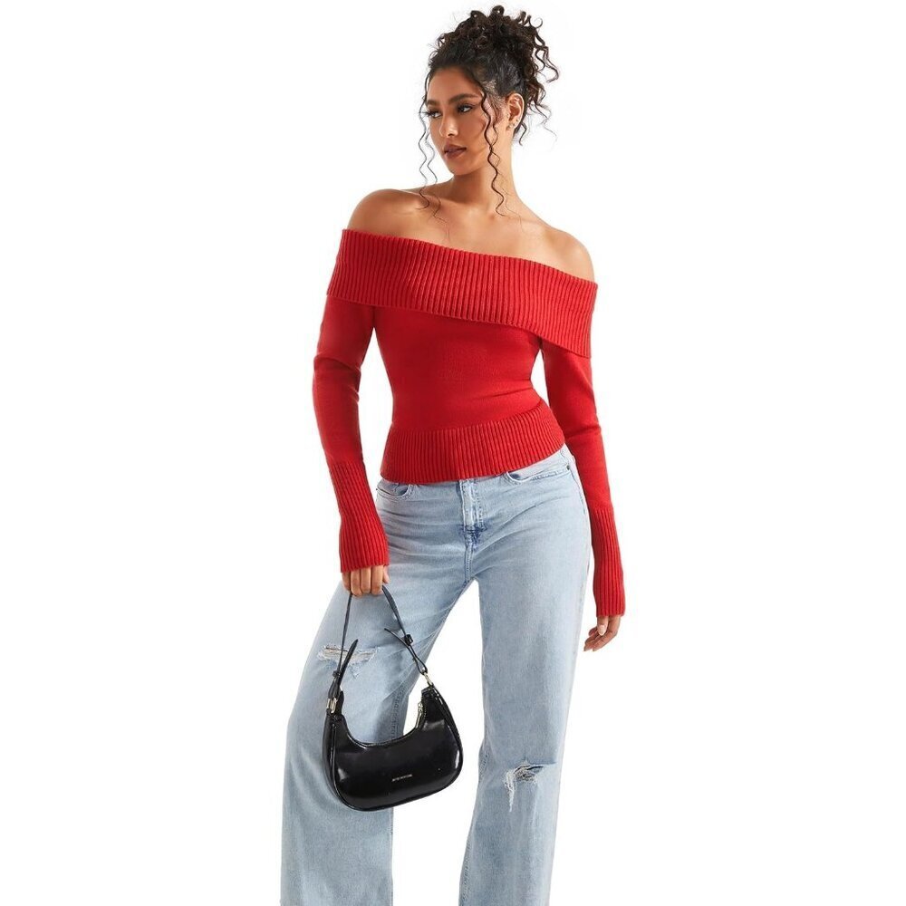 Women Red Brown Off Shoulder Long Sleeve Tops Blouse Sweaters - Picture 3 of 6